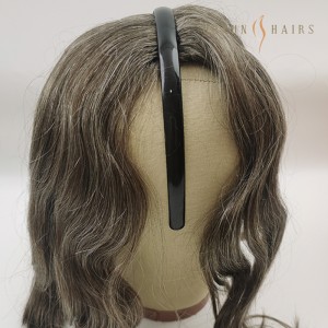 OXTL36 25cm Womens Virgin European Human Hair Headband Hairpiece Natural Looking Hair Topper Clip In Topper Hair Piece Wiglets With Bangs Dark Brown with Grey Color to Front Hair Loss