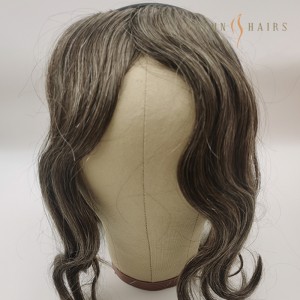 OXTL36 25cm Womens Virgin European Human Hair Headband Hairpiece Natural Looking Hair Topper Clip In Topper Hair Piece Wiglets With Bangs Dark Brown with Grey Color to Front Hair Loss