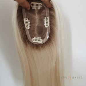 OXTM02 Monofilament Human Hair Topper 3X5INCH Dark Root With Platinum Blonde Hairpieces Hand tied Mono Hair System Super Fine For Hair Loss-Hairpiece Manufacturers